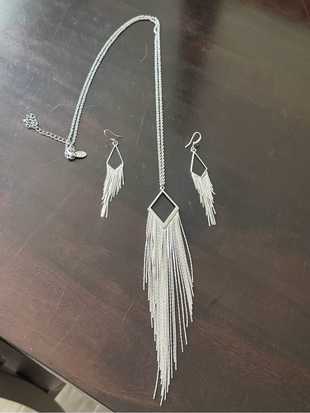 Charming Charlie Silver Fringe Diamond Pendant Necklace & Earrings